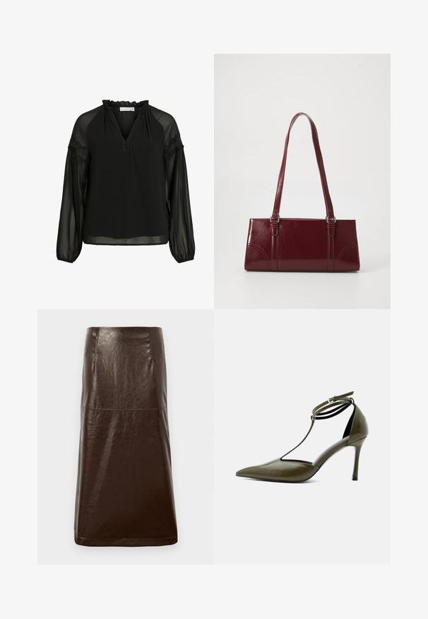 Zwarte blouse met een V-hals, ruches bij de halslijn, doorzichtige lange mouwen en kanten accenten op de schouders. Lichtgewicht, vloeiend materiaal.; Bruine leren rok met een gladde textuur, rechte silhouet en subtiele glans. Heeft een knie-lange snit en minimale stikdetails.; Olivengroene pumps met puntige neus, enkelriem en T-riem ontwerp, glanzende afwerking, smalle stilettohak, op witte achtergrond.; Bourgondische handtas van glanzend materiaal, rechthoekige vorm, met twee schouderbanden en subtiele gebogen accenten aan de voorkant.