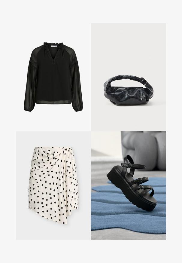 Zwarte blouse met een V-hals, ruches bij de halslijn, doorzichtige lange mouwen en kanten accenten op de schouders. Lichtgewicht, vloeiend materiaal.; Witte asymmetrische rok met zwarte polkadots en geplooide detail aan één kant tegen een effen achtergrond.; Zwarte platformsandaal met drie verstelbare riemen met gespen, geplaatst op een gestructureerd blauw tapijt met een wazige achtergrond.; Zwarte tas van glanzend, textuur materiaal met een ronde, gedraaide handgreep en een ritsluiting. Heeft een zacht, gekreukt ontwerp.