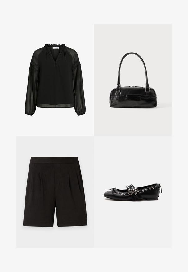 Blusa negra con escote en V, cuello con volantes, mangas largas transparentes y detalles de encaje en los hombros. Tela ligera y fluida.; Pantalones cortos negros de tela suave, con una textura lisa, cintura elástica y diseño frontal plisado. Simples y sin adornos.; Zapato de ballet plano negro con correas de doble hebilla, ojales plateados y un pequeño lazo cerca de la puntera redondeada sobre un fondo blanco.; Bolso de mano de cuero negro con forma rectangular, equipado con un asa estructurada, herrajes en plata y cierre de cremallera. Textura suave.