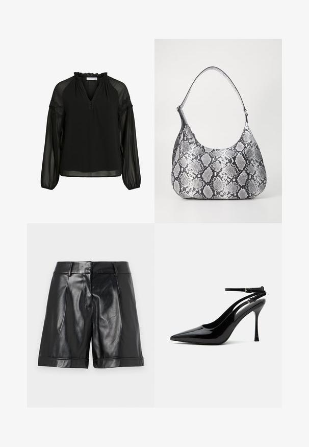 Zwarte blouse met een V-hals, ruches bij de halslijn, doorzichtige lange mouwen en kanten accenten op de schouders. Lichtgewicht, vloeiend materiaal.; Zwarte leren shorts met een glanzende afwerking, voorplooien en een opgerolde zoom. Strak ontwerp met een op maat gemaakte tailleband en minimale hardware.; Zwarte lakleren pumps met hoge hak, spits toelopende neus en dubbele enkelbandjes met zilveren gespen.; Zwart-witte slangenprint schoudertas met een afgeronde vorm, een gladde textuur en een ronde strap. Voorzien van een zilveren hardwareaccent.