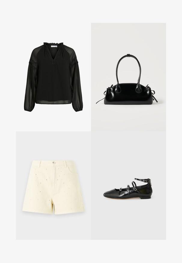 Zwarte blouse met een V-hals, ruches bij de halslijn, doorzichtige lange mouwen en kanten accenten op de schouders. Lichtgewicht, vloeiend materiaal.; Geel denim shorts met een hoge taille en een losse pasvorm, met kleine zilveren studs die over de voorkant zijn verspreid voor detail.; ALDO NELTA - Ballerina's - black; Kleine zwarte glanzende handtas met twee lange hengsels en zijkant trekkoord details op een effen lichte achtergrond.