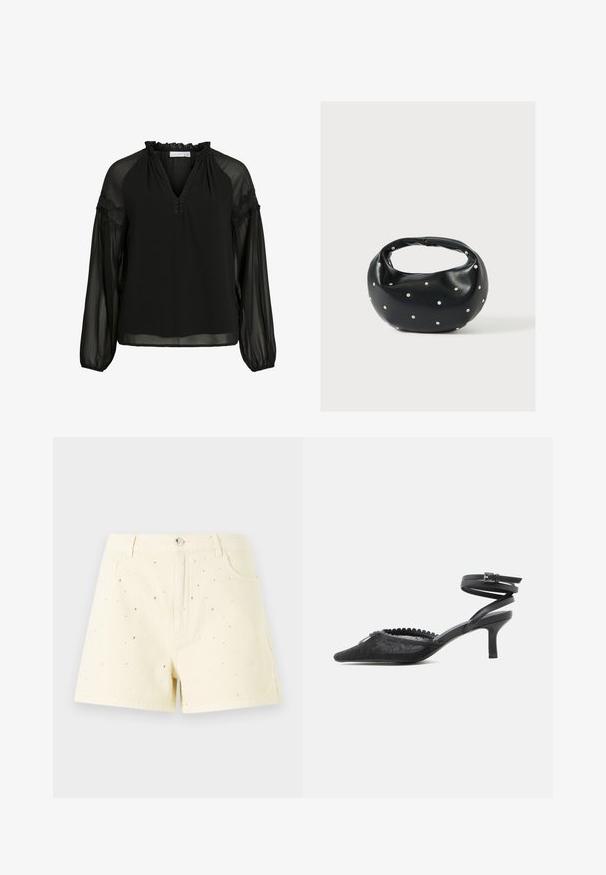 Zwarte blouse met een V-hals, ruches bij de halslijn, doorzichtige lange mouwen en kanten accenten op de schouders. Lichtgewicht, vloeiend materiaal.; Geel denim shorts met een hoge taille en een losse pasvorm, met kleine zilveren studs die over de voorkant zijn verspreid voor detail.; Zwarte kittenheels met een puntige neus, bovenwerk van kant, gegolfde rand en een omslagsluiting rond de enkel met een gesp.; Zwarte leren handtas met een afgeronde vorm, versierd met zilveren studs, en een korte handgreep. Gladde textuur en ritsluiting.