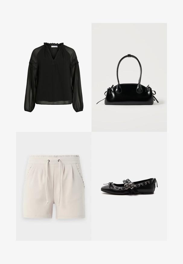 Zwarte blouse met een V-hals, ruches bij de halslijn, doorzichtige lange mouwen en kanten accenten op de schouders. Lichtgewicht, vloeiend materiaal.; Lichtbeige shorts met een elastische tailleband, trekkoord, zijzakken en ruches langs de zakranden. Zachte stofstructuur.; Zwarte platte balletschoen met dubbele gespsluitingen, zilveren oogjes en een klein strikje nabij de afgeronde neus op een witte achtergrond.; Kleine zwarte glanzende handtas met twee lange hengsels en zijkant trekkoord details op een effen lichte achtergrond.