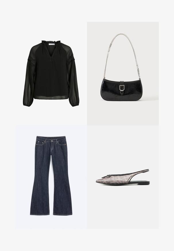 Zwarte blouse met een V-hals, ruches bij de halslijn, doorzichtige lange mouwen en kanten accenten op de schouders. Lichtgewicht, vloeiend materiaal.; Donkerblauwe denim jeans met een lichte uitlopende pijp onderaan, met voorzakken, een knoop en zichtbare stiksel details.; Puntschoen slingback plat met doorschijnend luipaardprint bovenwerk en een kleine ronde versiering vlakbij de teen.; Zwarte lakleren schoudertas met een zilveren gespdetail en een zilveren kettingriem, getoond tegen een effen lichte achtergrond.