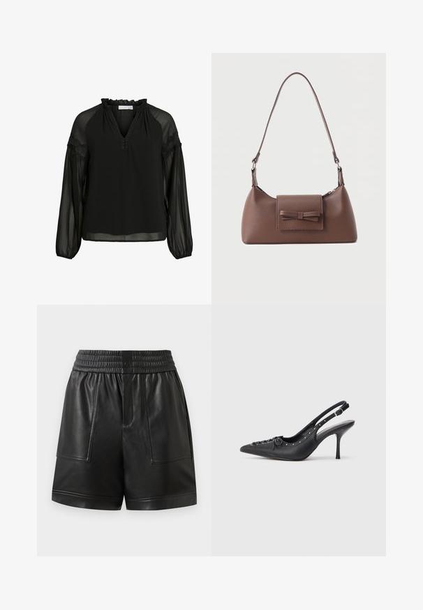 Zwarte blouse met een V-hals, ruches bij de halslijn, doorzichtige lange mouwen en kanten accenten op de schouders. Lichtgewicht, vloeiend materiaal.; Zwarte neplederen shorts met elastische tailleband, voorste drukknoop, grote voorzakken en rechte zoom.; Zwarte leren slingback stiletto met spitse neus, zijgesp met gesp, studs langs de rand en decoratieve veters aan de voorkant.; Bruine leren schoudertas met een voorvak met klep en een gestikte strikdetail en een verstelbare band.