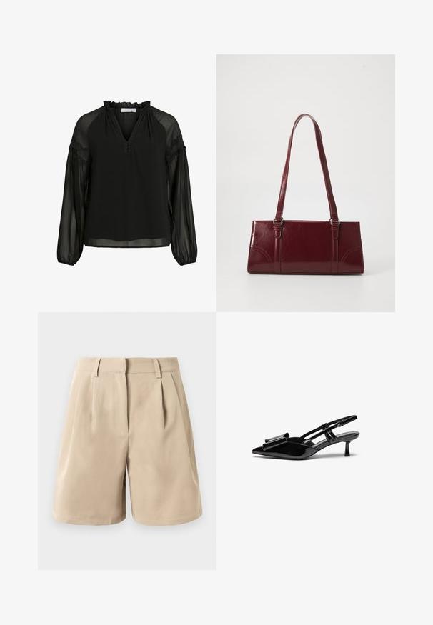 Schwarze Bluse mit V-Ausschnitt, Rüschendetails am Hals, transparenter langer Ärmel und Spitzenakzenten an den Schultern. Leichter, fließender Stoff.; Beige Hochbund-Shorts mit Gürtelschlaufen, vorderen Falten und verdecktem Frontverschluss vor einem weißen Hintergrund.; Schwarze Lackleder-Slingbacks mit spitzer Zehenpartie, einer Schleifendetail an der Vorderseite und einem kleinen Stiletto-Absatz. Die Riemen haben verstellbare Schnallen.; Burgunderfarbene Handtasche aus glänzendem Material, rechteckige Form, mit zwei Schulterriemen und subtilen, geschwungenen Akzenten an der Vorderseite.