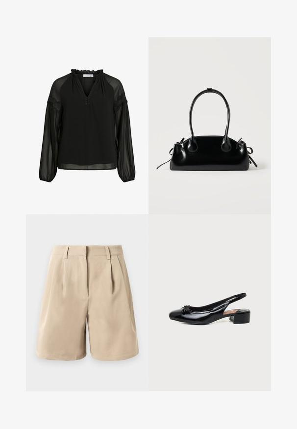 Schwarze Bluse mit V-Ausschnitt, Rüschendetails am Hals, transparenter langer Ärmel und Spitzenakzenten an den Schultern. Leichter, fließender Stoff.; Beige Hochbund-Shorts mit Gürtelschlaufen, vorderen Falten und verdecktem Frontverschluss vor einem weißen Hintergrund.; Schwarzer Slingback-Schuh aus Lackleder mit niedrigem Blockabsatz und kleinem Schleifendetail an der abgerundeten Spitze, seitlich auf weißem Hintergrund gezeigt.; Kleine schwarze glänzende Handtasche mit zwei langen Griffen und seitlichen Kordelzug-Details vor einfachem hellem Hintergrund.