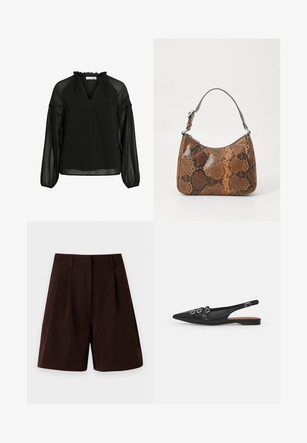 Schwarze Bluse mit V-Ausschnitt, Rüschendetails am Hals, transparenter langer Ärmel und Spitzenakzenten an den Schultern. Leichter, fließender Stoff.; Braune, plissierte Shorts aus leichtem Stoff. Mit klassischem Taillenbund und Seitentaschen, geradem Schnitt und gesäumten Kanten.; Schwarze Leder-Slingback-Ballerina mit spitzem Zeh, ausgestattet mit zwei horizontalen Riemen und quadratischen silbernen Schnallen, mit flachem Absatz und glatter Oberfläche.; Kleine Handtasche mit braunem und schwarzem Schlangenledermuster, kurzem verstellbarem Tragegurt und Reißverschluss.