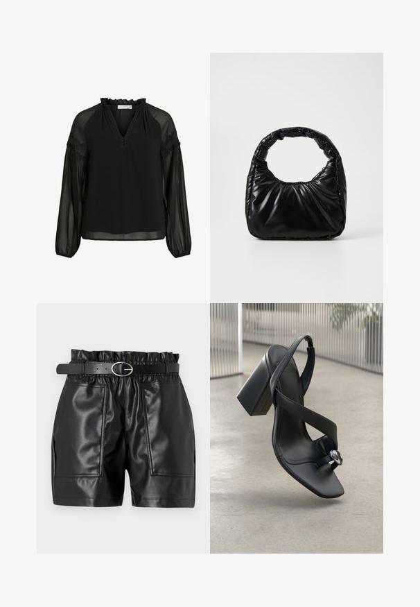 Blusa negra con escote en V, cuello con volantes, mangas largas transparentes y detalles de encaje en los hombros. Tela ligera y fluida.; Pantalones cortos de cuero sintético negro con una cinturilla elástica, una textura suave y dos bolsillos frontales, complementados por un cinturón estrecho con hebilla plateada.; Sandal de tacón alto de cuero negro con cinta ancha, lazo para el dedo del pie y adornos plateados sobre un fondo liso de color gris claro.; Bolso negro acolchado con un asa redondeada, que presenta una superficie lisa y brillante y una textura suave y acolchada. Sin herrajes ni acentos visibles.