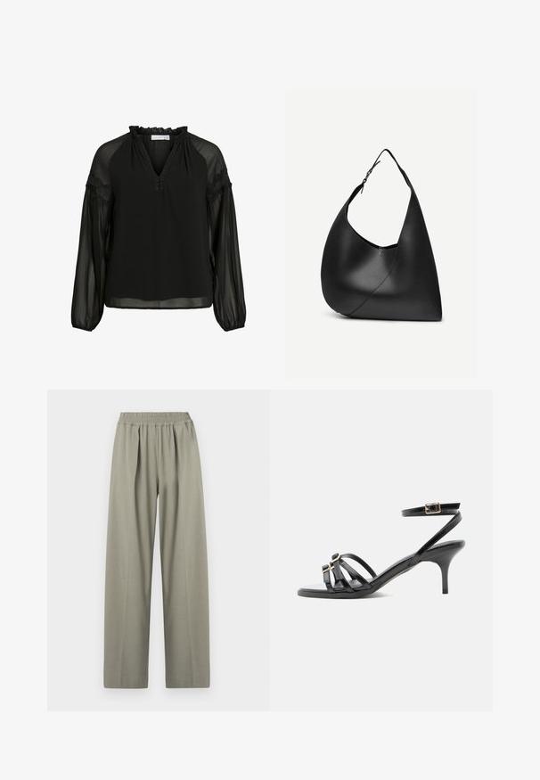 Blusa negra con escote en V, cuello con volantes, mangas largas transparentes y detalles de encaje en los hombros. Tela ligera y fluida.; Pantalones de pierna ancha de tiro alto en un tono gris claro, con cintura elástica y pliegues en la parte delantera.; Sandalia negra de cuero con tiras, tacón kitten, puntera cuadrada, dos hebillas delanteras y una correa en el tobillo con cierre de hebilla dorada.; Bolso de hombro de cuero negro con forma triangular curva, una única correa ajustable y una costura diagonal visible en el frente.