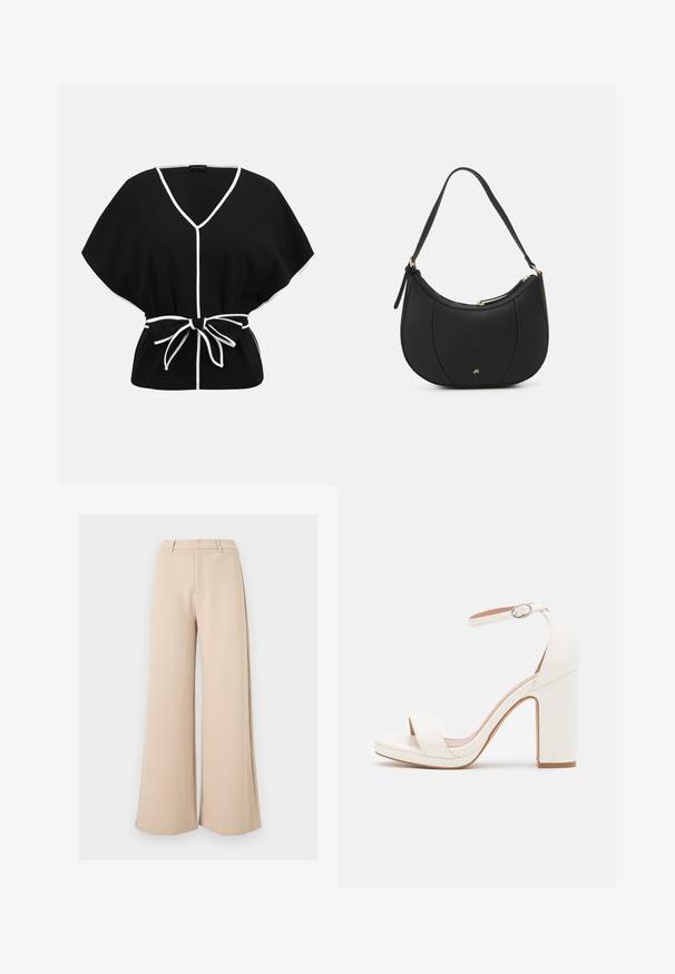 Blouse noire à manches courtes avec bordure blanche, col en V et fermeture par nœud à la taille.; Pantalon large beige taille haute avec passants pour ceinture et fermeture avant dissimulée sur fond blanc.; Sandale à talon haut blanche avec une bride de cheville, design minimaliste, bout ouvert, talon carré et texture en cuir lisse.; Sac à main en cuir noir avec une forme courbée, surface texturée, coutures avant et un logo doré. Il est doté d'une seule sangle ajustable.