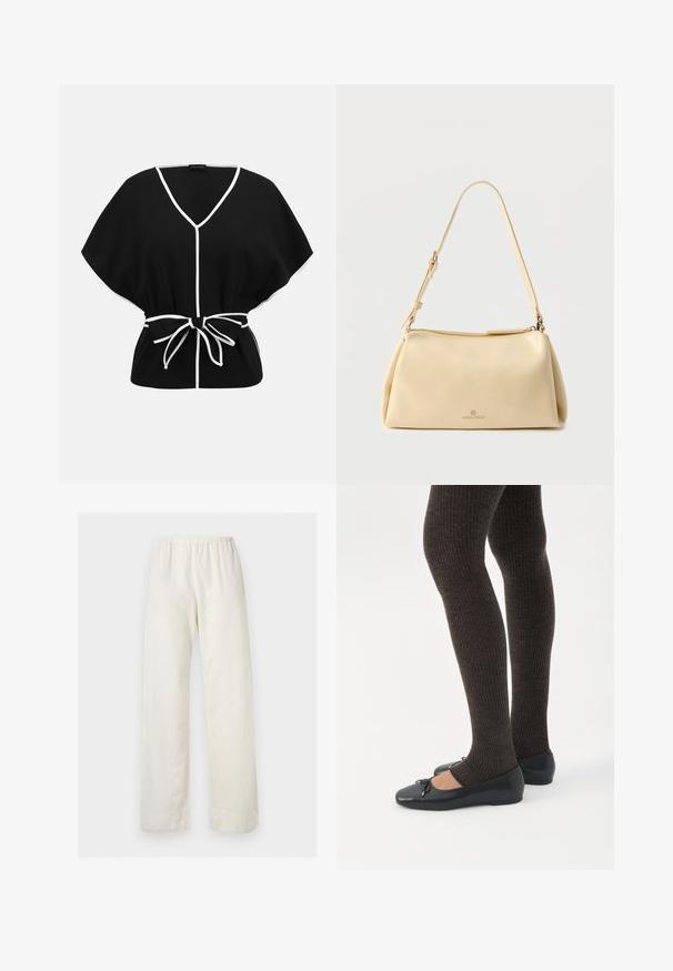 Blouse noire à manches courtes avec bordure blanche, col en V et fermeture par nœud à la taille.; Pantalon ample de couleur crème avec une taille élastique et des jambes droites sur un fond clair uni.; Jambes portant des leggings côtelés foncés associés à des ballerines noires avec de petits détails en nœud sur fond blanc.; Sac bandoulière rectangulaire beige avec sangle réglable et fermeture éclair, comportant un petit logo "Anna Field" au centre avant.