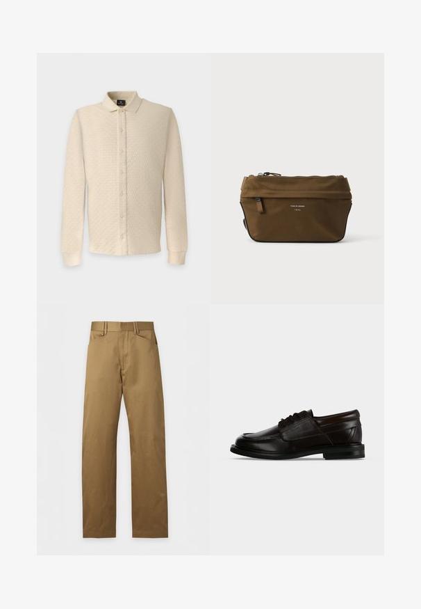 Chemise beige à manches longues avec boutons, motif texturé, col plié et poignets côtelés, présentée sur un fond uni.; Pantalon kaki droit avec passants de ceinture et poches avant, posé à plat sur un fond clair.; Chaussure habillée en cuir marron foncé à lacets, bout arrondi et petit talon empilé, vue de profil.; Trousse rectangulaire marron à fermeture éclair, avec petite poche avant et texte "Tiger of Sweden 1903" sur le devant.