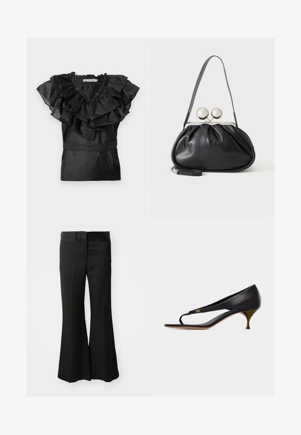 Blouse noire avec un col et des manches à volants, dotée d'une taille cintrée. Fabriquée dans un matériau brillant avec une finition texturée.; Pantalons évasés noirs en matériau lisse, avec une taille mi-haute et un design épuré et ajusté sans ornements visibles.; Sandale à talon kitten en cuir noir avec fine bride sur les orteils et détail d'emblème doré sur le côté.; Sac à main en cuir noir avec un design plissé, une sangle unique, un cadre métallique argenté et deux grandes fermoirs ronds en argent.