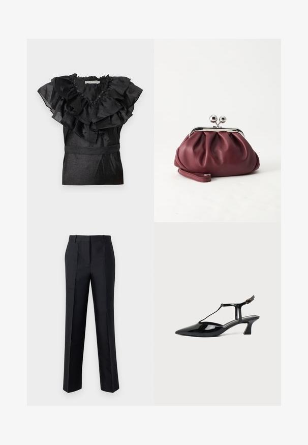 Blouse noire avec un col et des manches à volants, dotée d'une taille cintrée. Fabriquée dans un matériau brillant avec une finition texturée.; Pantalon noir avec une coupe droite, texture lisse et fermeture à glissière dissimulée. Présente des plis pour un style supplémentaire et un look ajusté.; Chaussure slingback en cuir verni noir à bout pointu avec bride en T et petit talon bloc incliné sur fond blanc.; Petit sac pochette en cuir bordeaux avec fermoir métallique argenté et bracelet sur fond blanc.