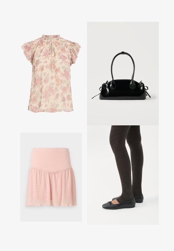 Blouse fleurie crème avec des fleurs roses et orange, manches courtes à volants et un lien à nouer au niveau de l'encolure.; Mini-jupe rose clair texturée avec une large ceinture et un détail de tissu froncé sur un fond uni.; Jambes portant des leggings côtelés foncés associés à des ballerines noires avec de petits détails en nœud sur fond blanc.; Petit sac à main noir brillant avec deux longues anses et des détails à cordon sur les côtés sur un fond clair uni.