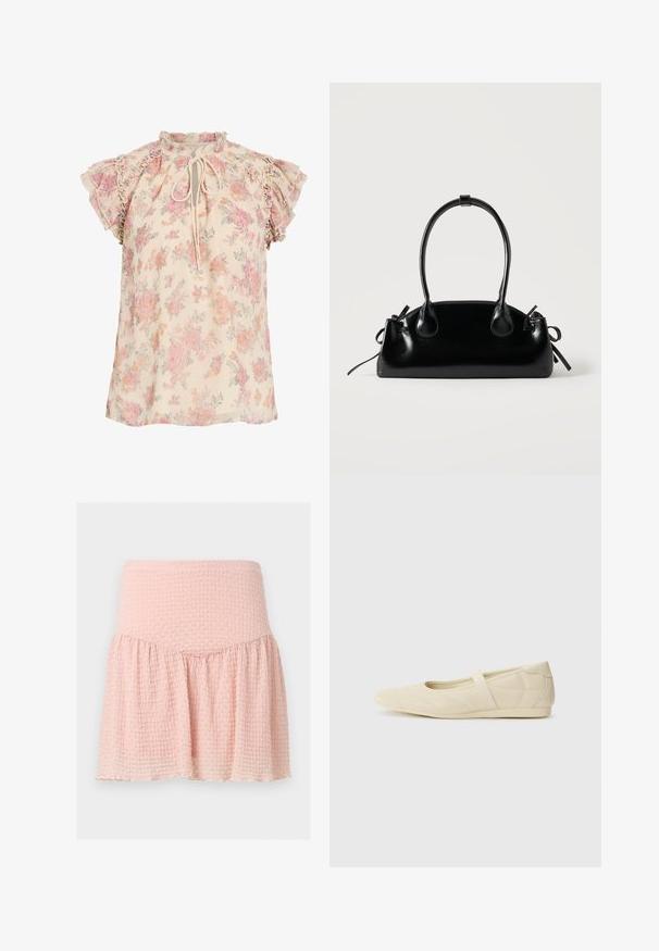 Blouse fleurie crème avec des fleurs roses et orange, manches courtes à volants et un lien à nouer au niveau de l'encolure.; Mini-jupe rose clair texturée avec une large ceinture et un détail de tissu froncé sur un fond uni.; Ballerines beiges avec une exterior en cuir lisse, un bout en forme d'amande et une sangle élastique sur le coup de pied, avec des détails de couture subtils.; Petit sac à main noir brillant avec deux longues anses et des détails à cordon sur les côtés sur un fond clair uni.