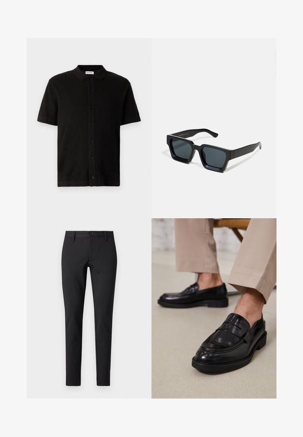 Sort kortærmet poloshirt lavet af tekstureret stof med en knaplukning foran og en klassisk krave. Har en lige søm.; Sorte stribede bukser med flad front, slim fit, med knaplukning og bæltesløjfer, lavet af et glat tekstilmateriale.; Sorte lædermokkasiner med en glat overflade, der har en dekorativ rem og kontraststing, parret med beige bukser.; Sorte rektangulære solbriller med mørke linser. Tyk, glat plastikramme med let blank finish og lige stænger.