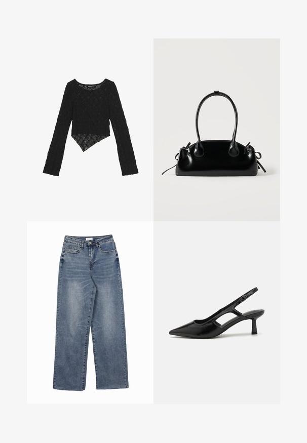 Sort blonde med lange ærmer og en cropped front, der har et tekstureret blomster mønster og en asymmetrisk kant.; Blå denim jeans med vide ben, for- og møntlommer, knaplukning og falmede vaskedetaljer.; Sorte slingback hæle med spidse tæer, lavet af blankt materiale, med udskæringsdetaljer og en moderat hæl for støtte.; Lille sort blank håndtaske med to lange håndtag og snøre-detaljer i siden på en ensfarvet lys baggrund.