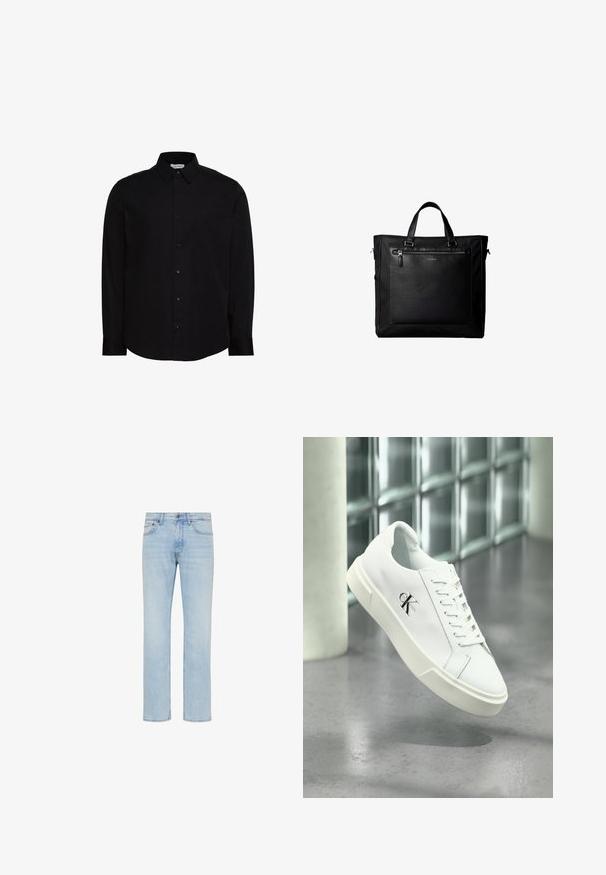 Schwarzes, langärmeliges Hemd aus glattem Stoff mit Knöpfen. Verfügt über einen klassischen Kragen, eine vordere Knopfleiste und ein kleines Logo auf der Brust.; Hellblaue Straight-Leg-Jeans aus Denim mit vorderem Knopf, Reißverschluss und Fünf-Taschen-Design, gezeigt auf weißem Hintergrund.; Weißer Calvin Klein Sneaker mit Schnürsenkeln, schwebend über einem polierten Betonboden und einer Glasbausteinwand im Hintergrund dargestellt.; Schwarze Tragetasche mit Doppelgriffen, großer vorderer Ledertasche mit Reißverschluss und dezentem Calvin Klein-Logo in der Mitte der Tasche.