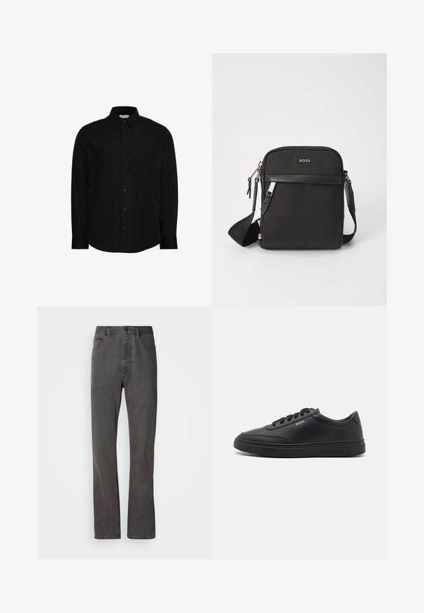 Camisa negra de manga larga con botones, confeccionada en una tela suave. Cuenta con un cuello clásico, tapeta frontal y un pequeño logo en el pecho.; Vaqueros de mezclilla gris con un diseño de pierna recta, que cuentan con bolsillos frontales, un cierre de botón y una textura sutil.; Zapatillas de cuero negro con una textura suave, punta redondeada, suela plana de goma y cordones a tono. Presentan el logotipo dorado "BOSS" en el lateral.; Bolso bandolero negro con un tejido texturizado, logo en la parte frontal, cierre de cremallera y correa ajustable. Presenta un ribete de cuero suave.