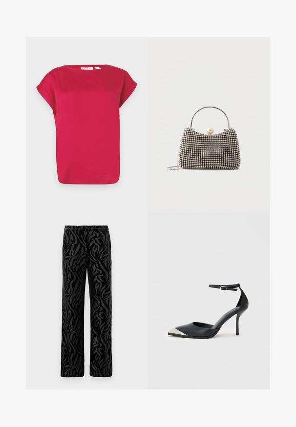 Haut rouge à manches courtes en tissu lisse, avec un col rond et des manches retroussées. Design simple avec une coupe décontractée et un ourlet droit.; Pantalon noir avec un motif texturé en spirale. Fabriqué en matière douce avec une coupe droite et une taille élastique pour plus de confort.; Chaussure à talon haut noire à bout pointu avec embout métallique argenté et bride à la cheville avec fermeture à boucle sur fond blanc.; Petit sac à main avec motif à carreaux argenté, poignée incurvée, grande fermeture à perle et une fine bandoulière en chaîne argentée sur un fond uni.