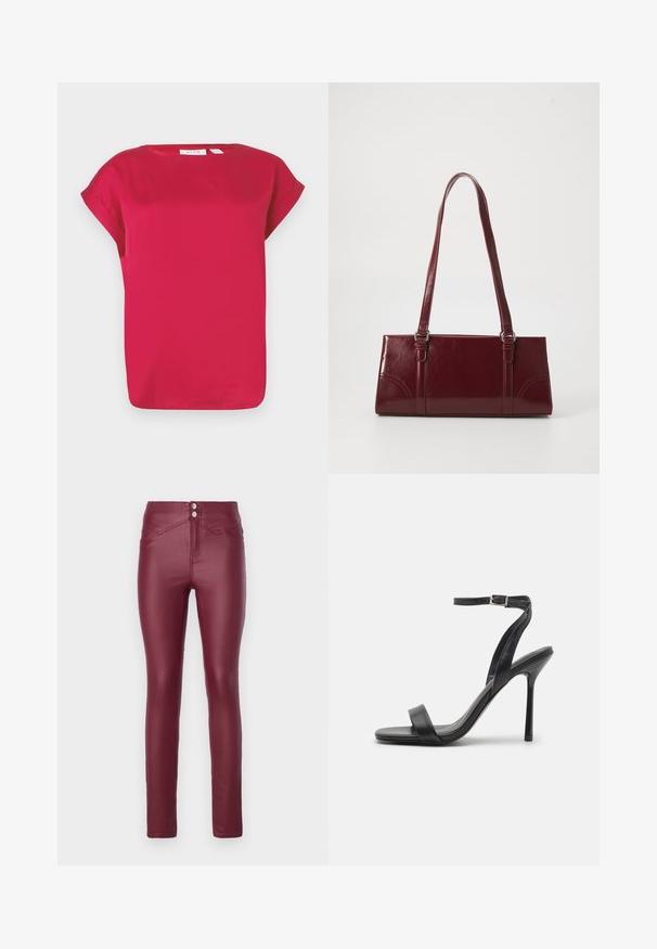 Haut rouge à manches courtes en tissu lisse, avec un col rond et des manches retroussées. Design simple avec une coupe décontractée et un ourlet droit.; Pantalons skinny en simili cuir bordeaux avec taille haute, dotés de deux boutons à l'avant, de poches avant angulaires et d'une texture lisse et brillante.; Sandale à talons hauts noire avec une fine sangle au niveau de la cheville et deux bandes à l'avant. Fabriquée en cuir lisse avec un bout pointu élégant et un talon aiguille.; Sac à main bordeaux en matériau brillant, de forme rectangulaire, avec deux anses et des accents légèrement courbés à l'avant.