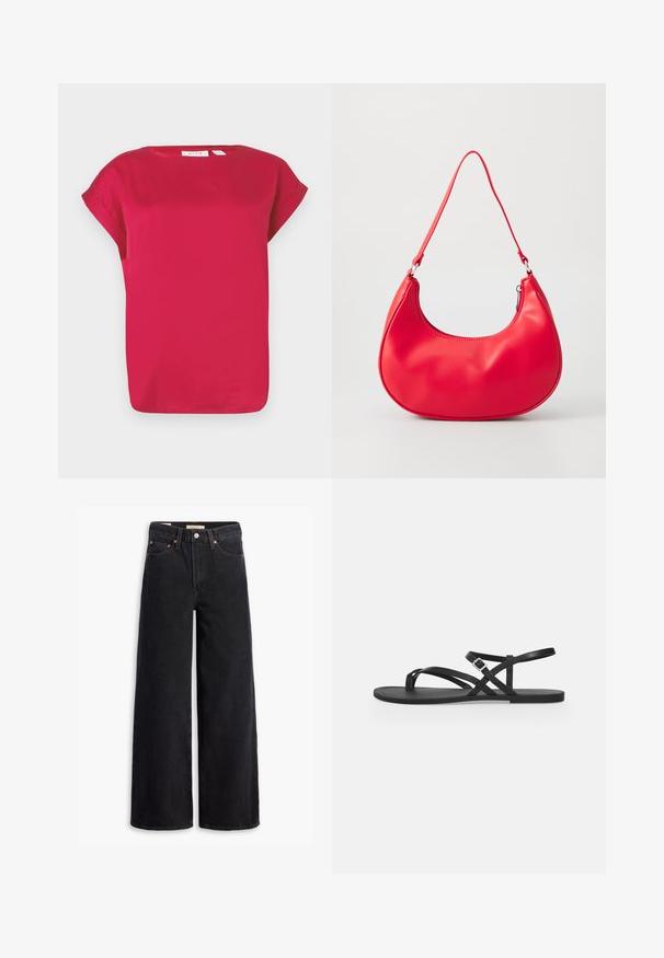 Haut rouge à manches courtes en tissu lisse, avec un col rond et des manches retroussées. Design simple avec une coupe décontractée et un ourlet droit.; Jean noir à jambe large en denim, comportant cinq poches, des rivets en laiton et une fermeture à bouton classique. Texture lisse avec un design épuré.; Sandale plate noire avec fines brides, boucle réglable à la cheville et bride pour l’orteil sur un fond gris clair uni.; Sac à épaule en simili cuir rouge au design courbé, avec une bandoulière fine et une fermeture éclair. Texture lisse avec des détails de couture visibles.