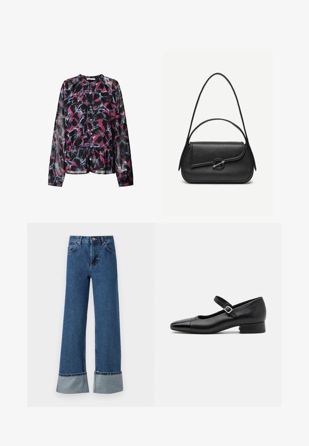 Zwarte blouse met een bloemenpatroon in roze, blauw en wit. Heeft lange mouwen, een knoopsluiting aan de voorkant en een gegatherde taille voor een loose fit.; wijde blauwe denim jeans met een rafelzoom en zilveren decoratieve accenten bij de boorden. Voorzien van een knoopsluiting en een ontwerp met vijf zakken.; Zwarte leren Mary Jane schoenen met een gepatenteerde neus, verstelbare enkelband en lage blokhak. Een gladde textuur en een elegante uitstraling.; Zwarte leren handtas met afgeronde hoeken, asymmetrische klep, metalen ronde sluiting en zowel korte als lange schouderriemen.