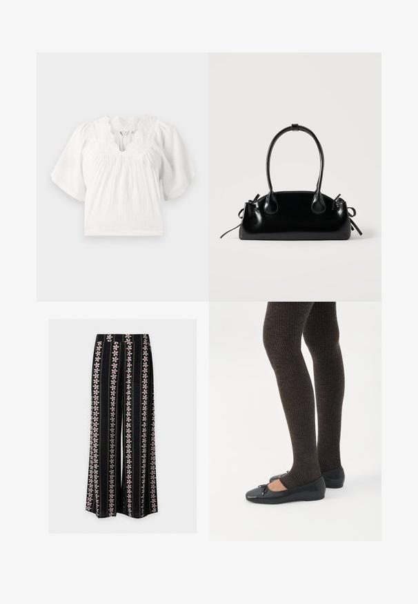 Blouse blanche avec de courtes manches bouffantes, tissu texturé, encolure scallopée et détails brodés le long du col. Coupe décontractée.; Pantalon noir à jambes larges avec des rayures florales verticales roses et blanches et de petites lignes pointillées jaunes alternant dans le motif.; Jambes portant des leggings côtelés foncés associés à des ballerines noires avec de petits détails en nœud sur fond blanc.; Petit sac à main noir brillant avec deux longues anses et des détails à cordon sur les côtés sur un fond clair uni.