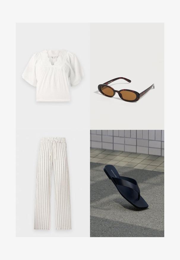 Blouse blanche avec de courtes manches bouffantes, tissu texturé, encolure scallopée et détails brodés le long du col. Coupe décontractée.; Pantalon blanc à jambes larges avec fines rayures verticales noires et taille à cordon.; Sandale noire à lanière avec bout carré et nom de la marque sur la semelle, positionnée debout sur un pavement texturé près d’un mur carrelé.; Lunettes de soleil ovales en écaille avec des verres teintés marron et des branches fines reposant sur une surface blanche.