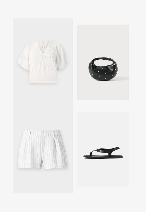 Blouse blanche avec de courtes manches bouffantes, tissu texturé, encolure scallopée et détails brodés le long du col. Coupe décontractée.; Shorts en coton blanc avec des rayures verticales gris clair, dotés d'une fermeture à bouton, de plis et de poches latérales. Design simple et décontracté.; Sandale plate noire avec bride à la cheville, entre-doigt et boucle argentée sur semelle lisse, vue de côté sur fond blanc.; Sac à main en cuir noir de forme arrondie, décoré de clous argentés et équipé d'une poignée courte. Texture lisse et fermeture éclair.