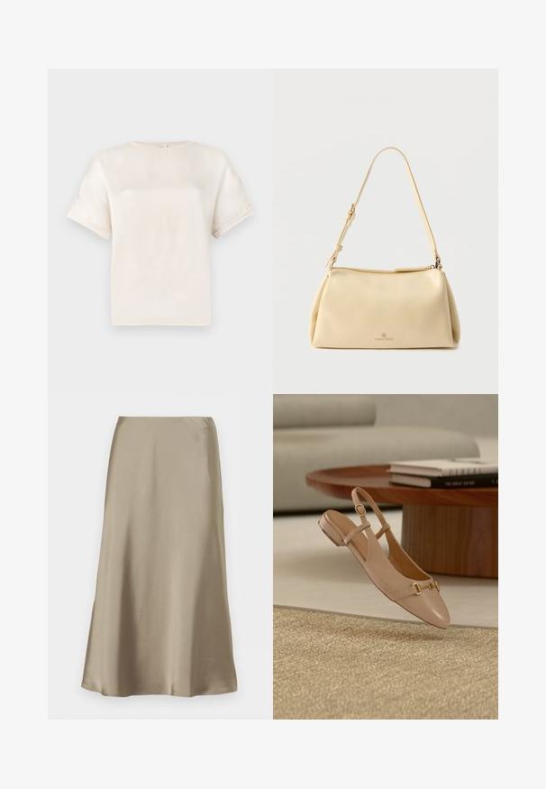 Lyhythelmainen crew neck -t-paita off-white-värissä, valmistettu sileästä kankaasta, jossa on rento istuvuus ja minimiset ompeluyksityiskohdat hihoissa.; Beigen värinen satiininen midihame, jossa on sileä, laskeutuva pinta ja korkea vyötärö, esitetty yksiväristä valkoista taustaa vasten.; Beigen värinen nahkainen slingback-tasapohjakengä, jossa kullanvärinen solkikoriste, ilmassa kudotun maton, puisella sohvapöydällä ja pinottujen kirjojen yllä taustalla.; Beige suorakaiteen muotoinen olkalaukku, jossa säädettävä hihna ja vetoketjusuljenta. Laukun etuosassa on pieni "Anna Field" -logo keskellä.