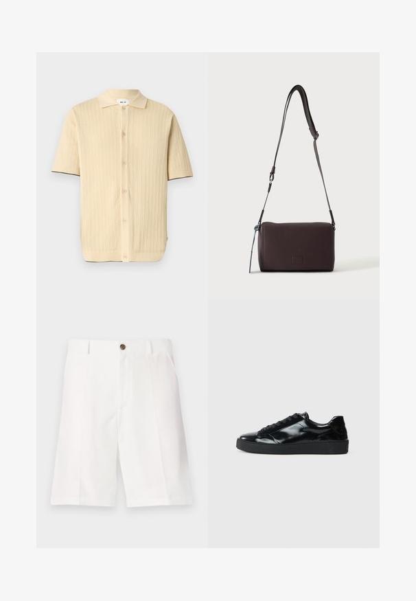Polo en maille beige à manches courtes avec patte de boutonnage devant et motifs verticaux subtils, avec col et bordure noire sur les bords des manches.; Shorts bermuda blancs en tissu léger avec une coupe décontractée, dotés d'un unique bouton marron et de poches avant.; Baskets en cuir verni noir avec un bout arrondi, un laçage, une semelle en caoutchouc texturé et une finition lisse.; Sac bandoulière en cuir marron foncé texturé avec une sangle réglable et un petit accent décoratif bleu sur le côté.