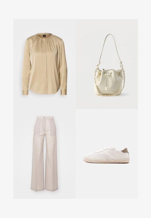 Langsleeve shirt in beige satijn, met een ronde halslijn, plooien aan de voorkant en knoopmanchetten. Glad textuur met een relaxte pasvorm.; Beige wijde pantalon gemaakt van een lichte geweven stof, met een hoge taille, enkele knoopsluiting aan de voorkant en subtiele textuur.; Witte sneaker met een bovenwerk van suède, beige accenten en een gevlochten juten zool. Voorzien van platte veters en een gebrandmerkt zijlogo.; Crèmekleurige leren buideltas met trekkoordsluiting, gevlochten ketting- en leren schouderriem, en goudkleurige oogringen.