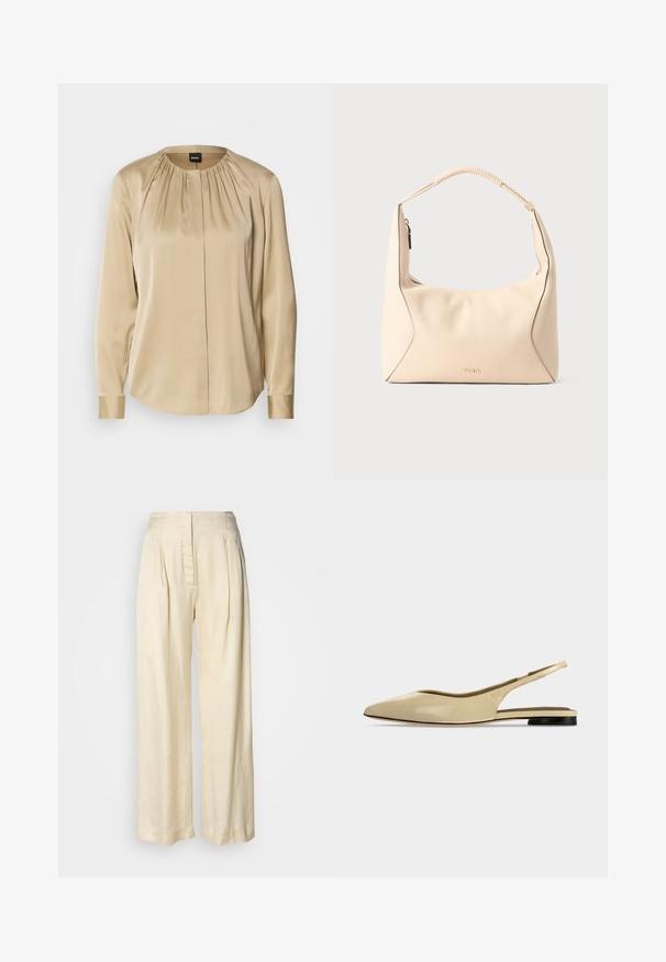 Langsleeve shirt in beige satijn, met een ronde halslijn, plooien aan de voorkant en knoopmanchetten. Glad textuur met een relaxte pasvorm.; Crèmekleurige zijden broek met hoge taille, plooien, brede pijpen en een verborgen rits aan de voorkant, afgebeeld tegen een effen witte achtergrond.; Beige platte slingback schoen met puntige neus, lage zwarte hak en een glad leren afwerking, zijaanzicht op een effen achtergrond.; Crème kleurige leren handtas met gevlochten handvat en gouden rits, met subtiel geperst "HUGO" logo op het voorste midden.