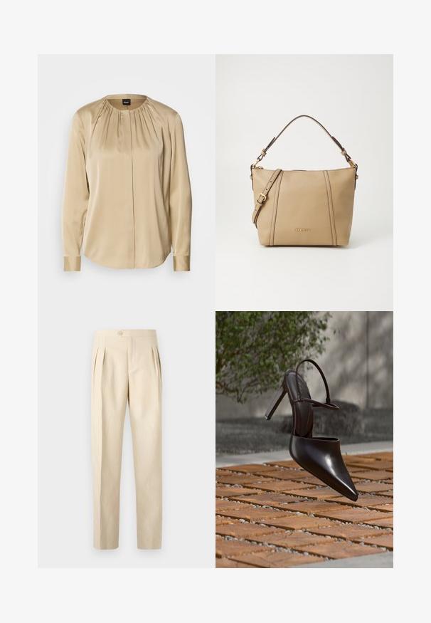 Langærmet skjorte i beige satin med rund halsudskæring, plisseringer foran og knap på ærmerne. Glat tekstur med en afslappet pasform.; Beige, højtaljede bukser med frontfolder, enkelt knaplukning og lige ben. Fremstillet af et struktureret, vævet stof.; Blank højhælet mule med spids tå og ankelrem, svævende over en terracottaflisebelagt overflade med grusfyldte mellemrum.; Brun læderhåndtaske med struktureret overflade, som har et enkelt topgreb og en justerbar skulderrem, akkompagneret af guldfarvet hardware.