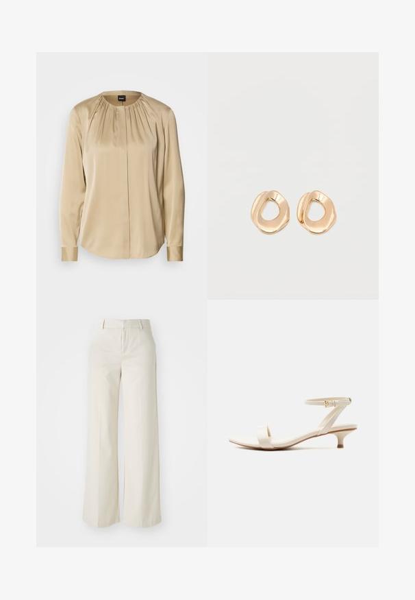 Langærmet skjorte i beige satin med rund halsudskæring, plisseringer foran og knap på ærmerne. Glat tekstur med en afslappet pasform.; Bredde ben-bukser i en lys beige farve, lavet af et glat stof. Har en klassisk talje og flad front med rene linjer.; Beige sandal med lav hæl, enkelt tårem og justerbar ankelrem med lille guldbøjle, på hvid baggrund.; Par af uregelmæssigt formede, polerede øreringe i guldfarvet metal med åben midte på en ens hvid baggrund.