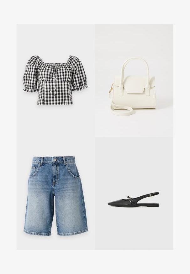 Blusa de gingham en blanco y negro con mangas abullonadas, escote cuadrado y detalle de lazo en la parte delantera. Tejido ligero con textura fruncida.; Pantalones cortos de mezclilla en azul claro con un corte recto, cinco bolsillos y herrajes de bronce. Presentan un dobladillo deshilachado y una textura de lavado desgastado.; Zapatos slingback de cuero negro con punta afilada, que cuentan con una correa estrecha y un detalle de hebilla plateada en el lateral. Suela plana.; Bolso pequeño blanco con doble asa, solapa frontal y correa de hombro desmontable con cierre dorado sobre fondo blanco liso.