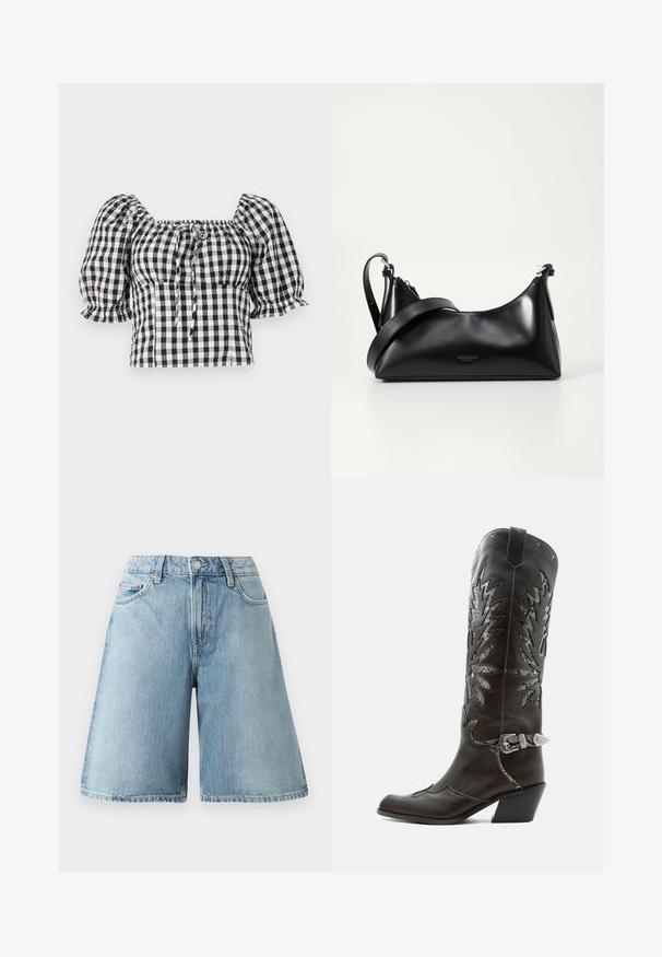 Blouse à carreaux noir et blanc avec des manches bouffantes, décolleté carré, et un détail à nouer à l'avant. Tissu léger avec texture froncée.; Shorts en denim bleu clair avec une coupe ample, taille mi-haute, cinq poches et des détails de couture contrastés. Le tissu a une texture douce.; Botte de cowboy en cuir noir avec découpes décoratives, boucle argentée et talon incliné, présentée sur fond blanc.; Sac à main en cuir noir avec une texture lisse. Dispose d'une bandoulière adjustable et d'un design élégant et minimaliste avec une fermeture éclair.