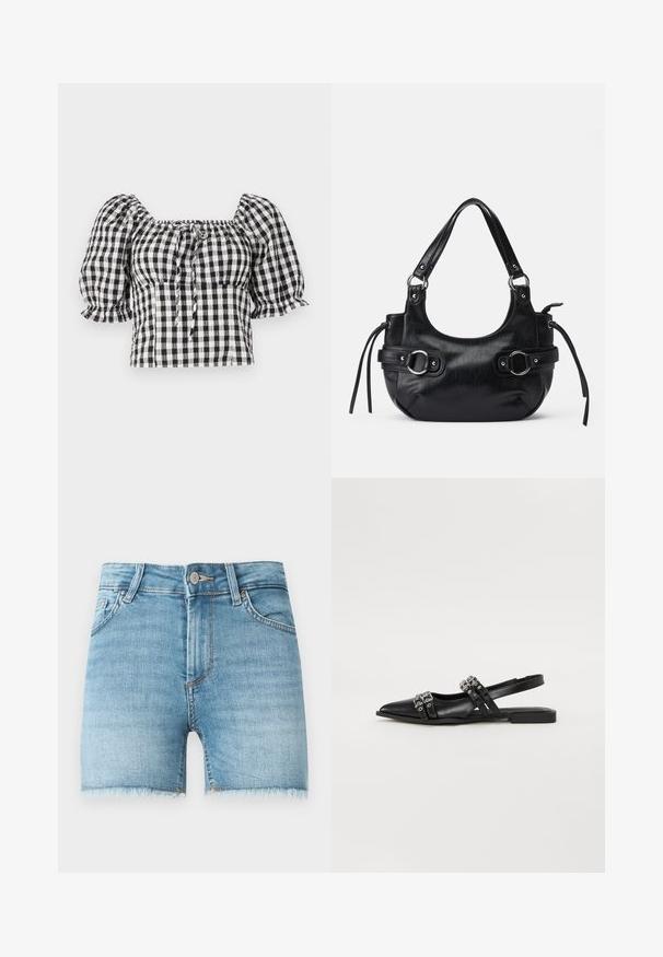 Blusa de gingham en blanco y negro con mangas abullonadas, escote cuadrado y detalle de lazo en la parte delantera. Tejido ligero con textura fruncida.; Pantalones cortos de mezclilla en azul claro con dobladillo deshilachado, cinco bolsillos y cierre de botón en la parte delantera. Presenta un ligero desgaste y un corte clásico.; Even&Odd Bailarinas con tira trasera - black; Bolso de cuero negro con forma redondeada, que cuenta con dos hebillas laterales, textura suave y una correa corta para el hombro. Los detalles incluyen borlas laterales.