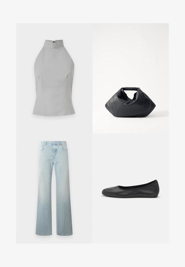 Top halter gris con un cuello alto, ajuste entallado, textura suave y detalles de costura en los laterales. Sin cierres visibles.; CLOSED GILLAN - Pernera ancha - light blue; Bailarina de piel negra con punta redondeada, textura suave, detalle de costura minimalista y diseño de suela flexible.; Bolso de cuero negro con un exterior texturizado, forma arrugada única y un asa corta. Presenta un único compartimento principal.