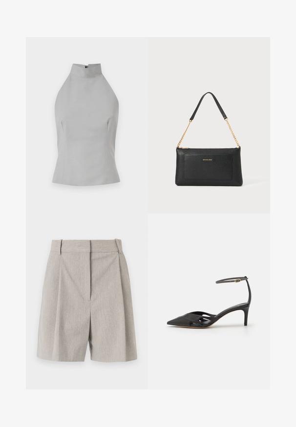 Grå halterneck top med høj halsudskæring, skræddersyet pasform, glat tekstur og sømdetaljer på siderne. Ingen synlige lukninger.; By Malene Birger POVILLE - Shorts - grey brown; Sort læder højhælet sko med spids tå, åbne sider og en tynd ankelrem med en lille guld detalje.; Sort læder clutch med pebble-tekstur, guld kædestrop og en frontlomme. Har et guld logo på forsiden.