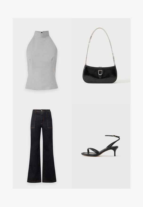 Grå halterneck top med høj halsudskæring, skræddersyet pasform, glat tekstur og sømdetaljer på siderne. Ingen synlige lukninger.; Bredde mørk denim jeans med høj talje, der har orange syninger og to forlommer. Glat tekstur, ren finish, klassisk design.; Sort damesandal i læder med tynde remme, en tå-loop, ankelspænde og en mellemhøj stiletthæl på en neutral baggrund.; Sort skuldertaske i laklæder med sølv spænde og sølv kæderem, vist mod en ensartet lys baggrund.