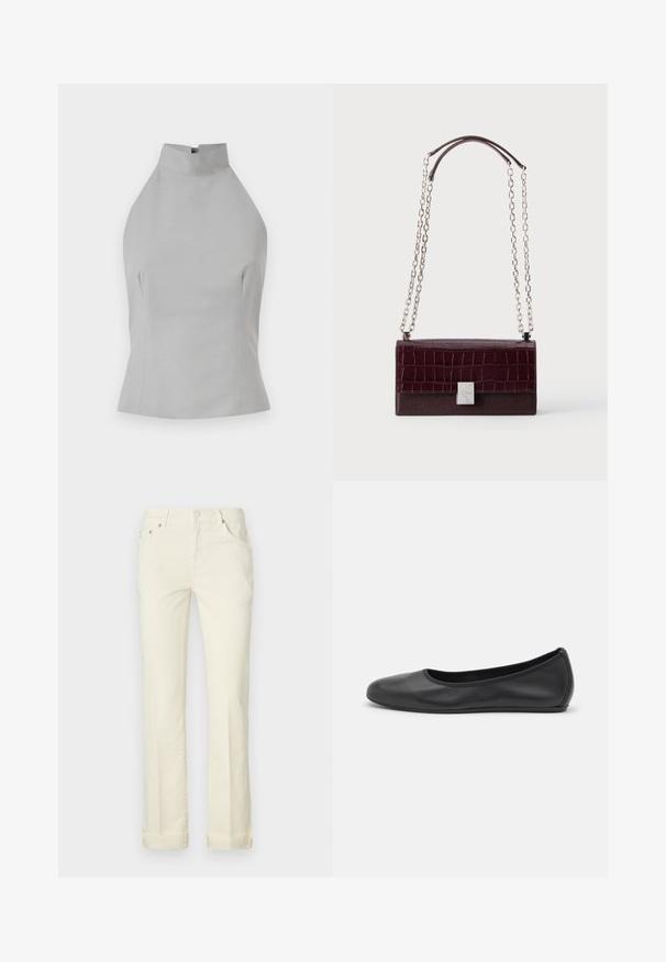 Grå halterneck top med høj halsudskæring, skræddersyet pasform, glat tekstur og sømdetaljer på siderne. Ingen synlige lukninger.; Lys gule straight-leg jeans lavet af bomuld, med fem lomme-design, bæltestropper og opbrettede manchetter ved kanten.; Sort læderballetsko med rund tå, glat tekstur, minimal syning og et fleksibelt såldesign.; Mørk bordeaux rektangulær håndtaske med krokodilletekstur flap, sølv rektangulært spænde og dobbelte sølv kæderem med læder skulderstropper.