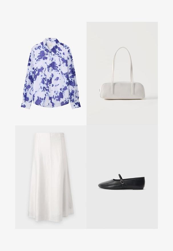Chemise boutonnée à manches longues avec col pointu, présentant un motif floral abstrait bleu et blanc.; Jupe midi blanche trapèze avec une texture lisse et une couture verticale au centre, présentée sur un fond uni.; Ballerines noires en cuir avec un bout pointu, une semelle plate et une petite sangle avec un détail de boucle en argent.; Sac d'épaule rectangulaire blanc avec des bretelles longues et fines, couture minimale, et fermeture éclair sur un fond uni.