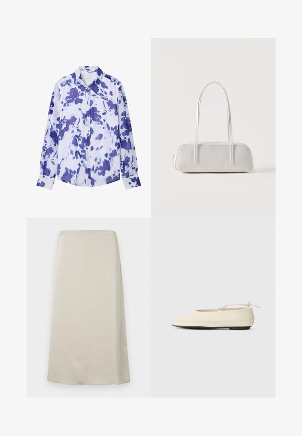 Chemise boutonnée à manches longues avec col pointu, présentant un motif floral abstrait bleu et blanc.; Une jupe taille haute, longueur genou, de couleur beige neutre, fabriquée dans un tissu lisse et doux, avec un design minimaliste sans ornements visibles.; Des chaussures plates de couleur crème avec un bout arrondi, une sangle à la cheville et une semelle en caoutchouc noir contrastante. Matériau lisse avec un detailing minimal.; Sac d'épaule rectangulaire blanc avec des bretelles longues et fines, couture minimale, et fermeture éclair sur un fond uni.