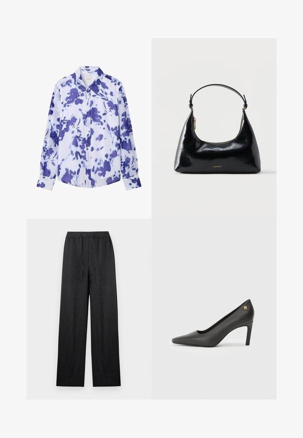 Chemise boutonnée à manches longues avec col pointu, présentant un motif floral abstrait bleu et blanc.; Pantalon noir à jambes larges avec taille élastique et cordon de serrage, en tissu léger, présenté sur fond blanc uni.; Escarpin haut à talon en cuir verni noir avec un bout pointu, mettant en avant un petit accent logo doré au niveau du talon. Texture lisse, design épuré.; Sac à main Calvin Klein noir brillant avec fermeture éclair dorée et anse courte sur fond blanc uni.