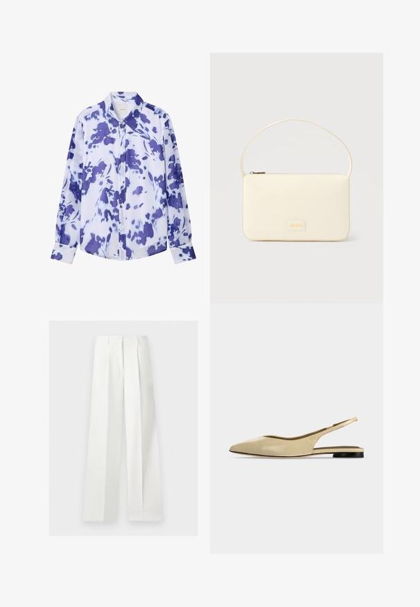 Chemise boutonnée à manches longues avec col pointu, présentant un motif floral abstrait bleu et blanc.; Pantalon blanc taille haute à jambes larges, confectionné, avec plis devant et fermeture éclair cachée.; Chaussure plate beige à bout pointu avec bride arrière, petit talon noir et finition en cuir lisse, vue de côté sur un fond uni.; Sac à main rectangulaire de couleur crème avec une seule sangle et une fermeture éclair sur le dessus, comportant une petite plaque de logo embossé à l'avant.