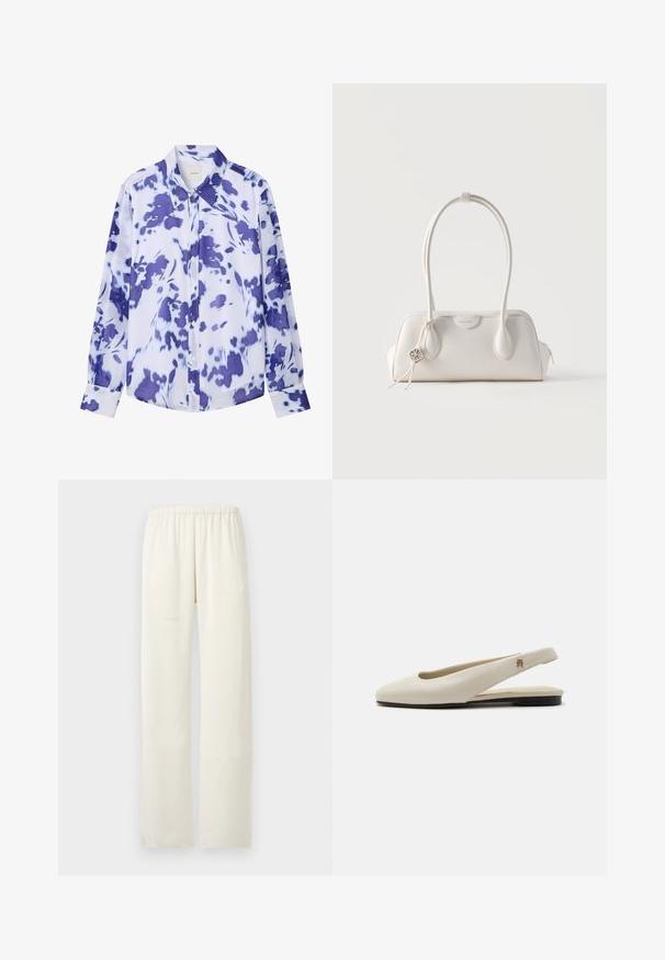 Chemise boutonnée à manches longues avec col pointu, présentant un motif floral abstrait bleu et blanc.; Pantalon droit de couleur crème avec une ceinture élastique, sans poches visibles ni ornements.; Chaussure plate slingback en cuir couleur crème avec un bout arrondi et un petit emblème doré sur la bride.; Petit sac à main en cuir blanc avec deux longues anses, un pendentif logo argenté et une fermeture éclair de chaque côté, posé sur un fond blanc uni.